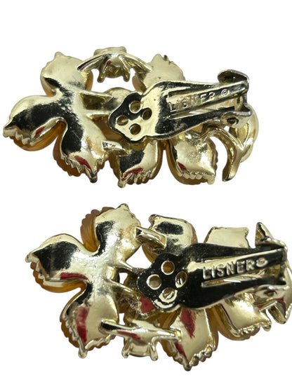 Vintage Signed Lisner Clip On Earrings Acrylic Amber Floral 1.5" Drop