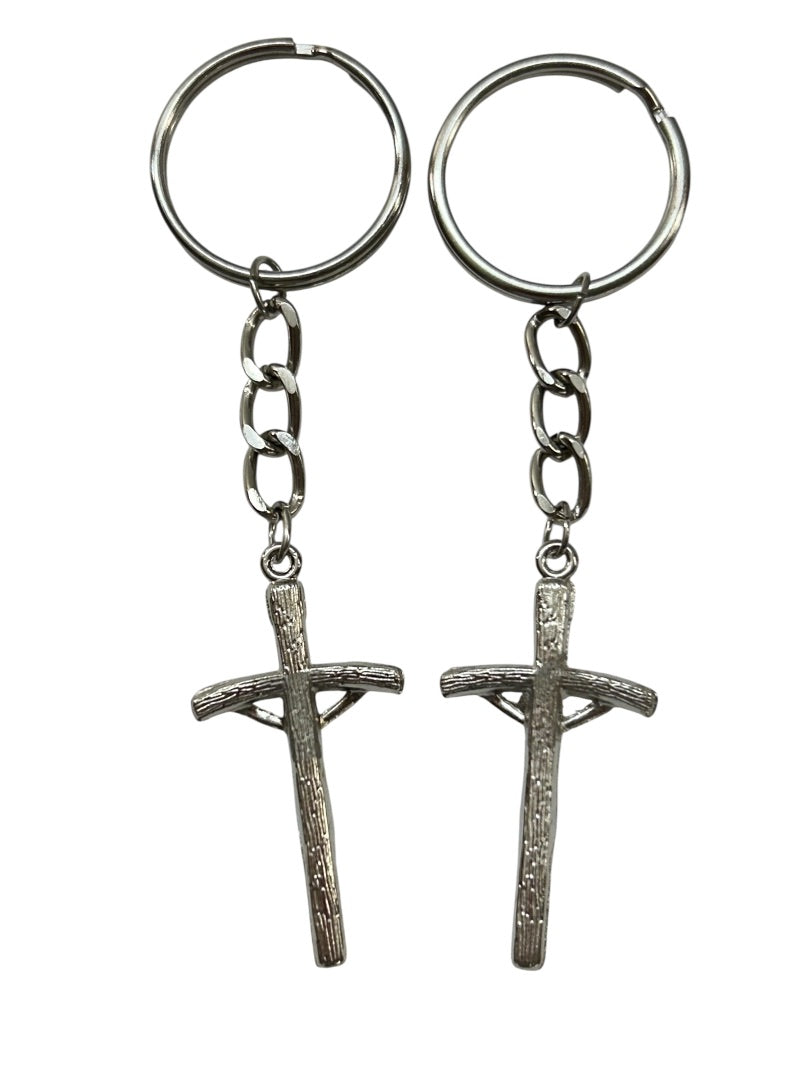 Set of 2 Silvertone Cross Jesus Religious Christian Keychain Key Rings 4.5"