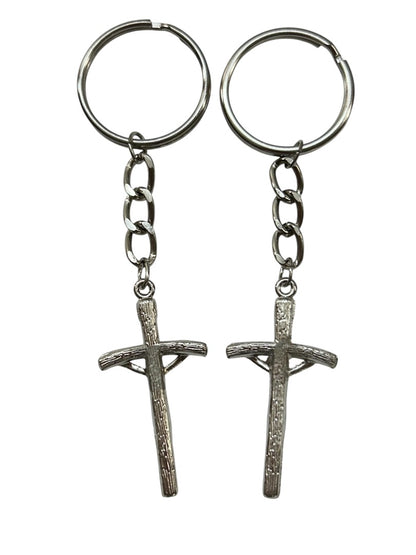 Set of 2 Silvertone Cross Jesus Religious Christian Keychain Key Rings 4.5"