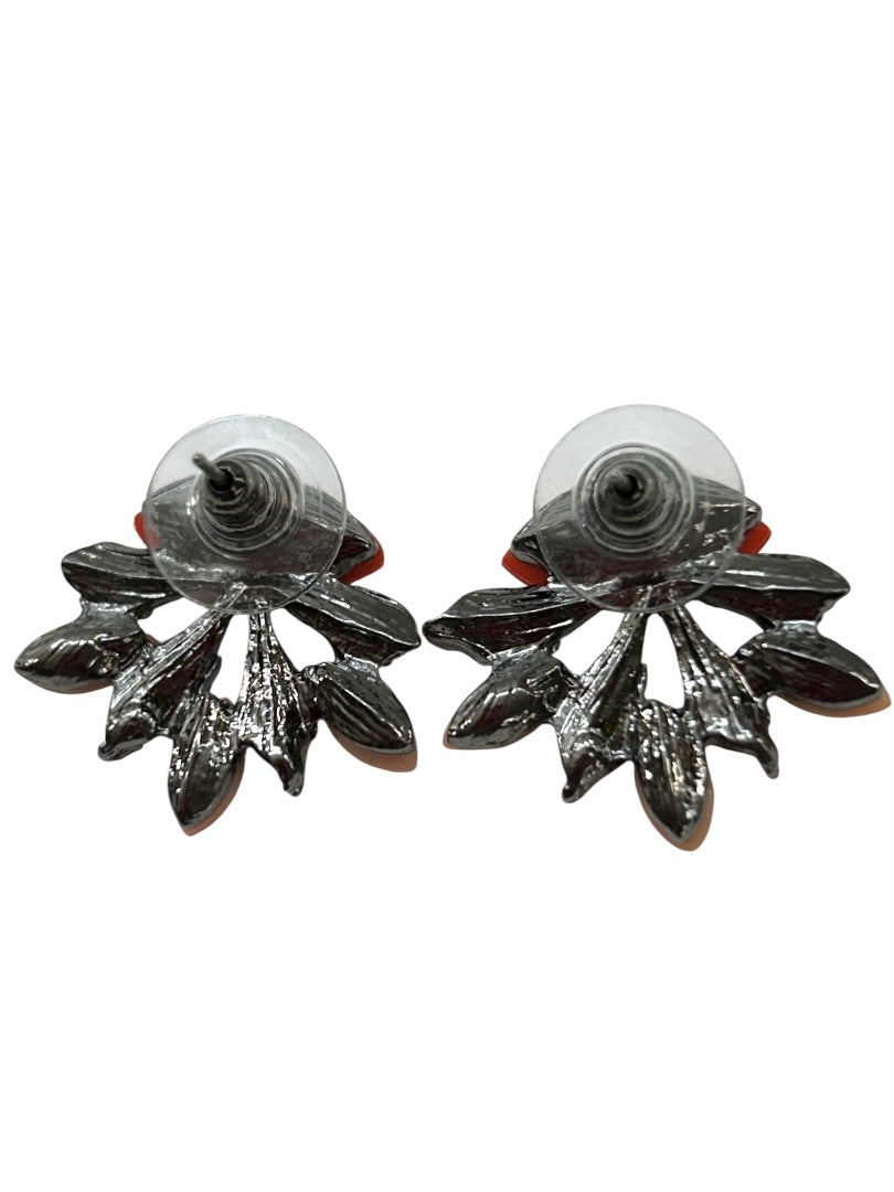 Retro Post Pierced Earrings Coral Pink Pewter Colors .75 Inch