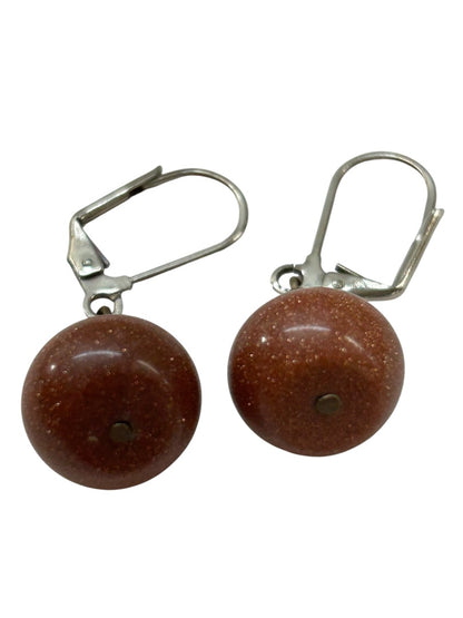 Goldstone Bead Earrings Leverback Silvertone 1.25 Inch Drop
