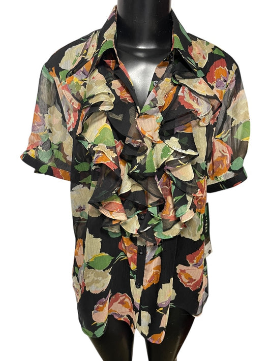 XL Lauren Ralph Lauren Sheer Floral Ruffled Button Down Blouse New Womens