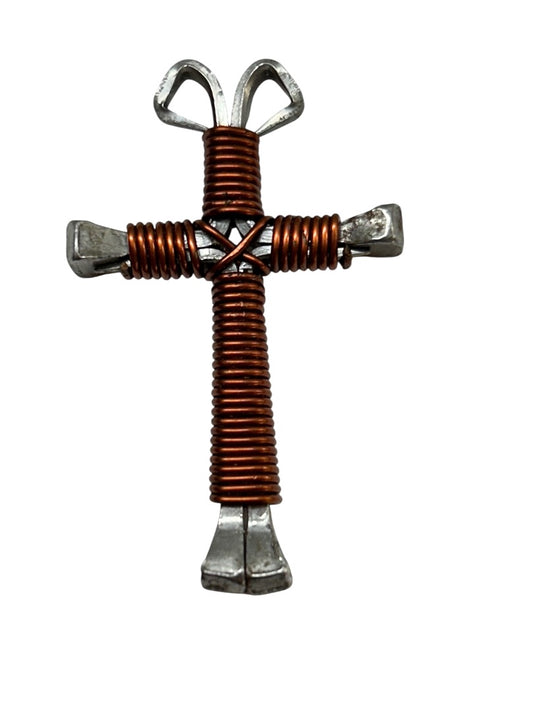 Silvertone and Copper Color Wrapped Cross Pendant Funky 1.75"