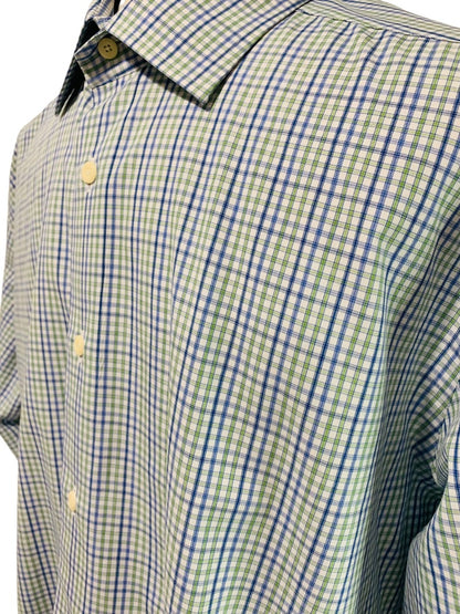 17.5 (32/33) David Donahue Mens Button Up Dress Shirt Plaid Blue Green