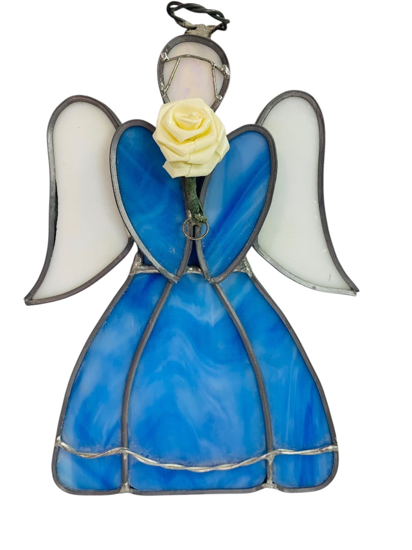 Vintage Stained Glass Angel 6.75 Inch Blue White Hanging