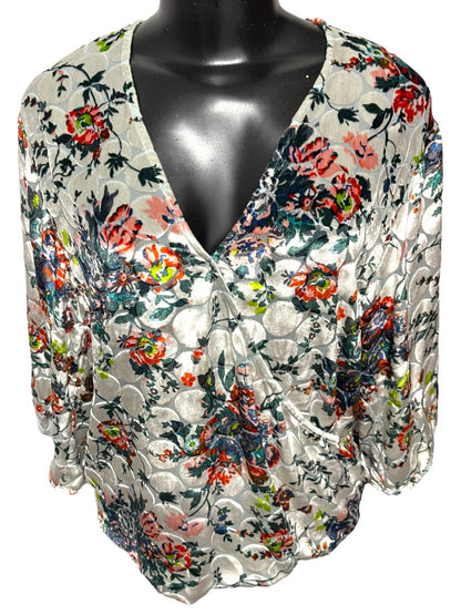 Small Maeve Anthropologie Sheer Umi Wrap Floral Velvet Shirt Silk Blend