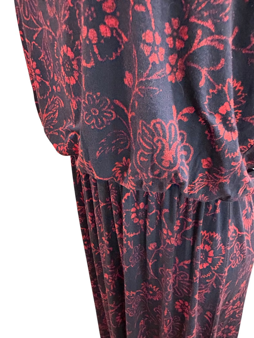 Medium Loft Navy Blue Red Floral V-Neck Tie Back Maxi Dress Soft Knit