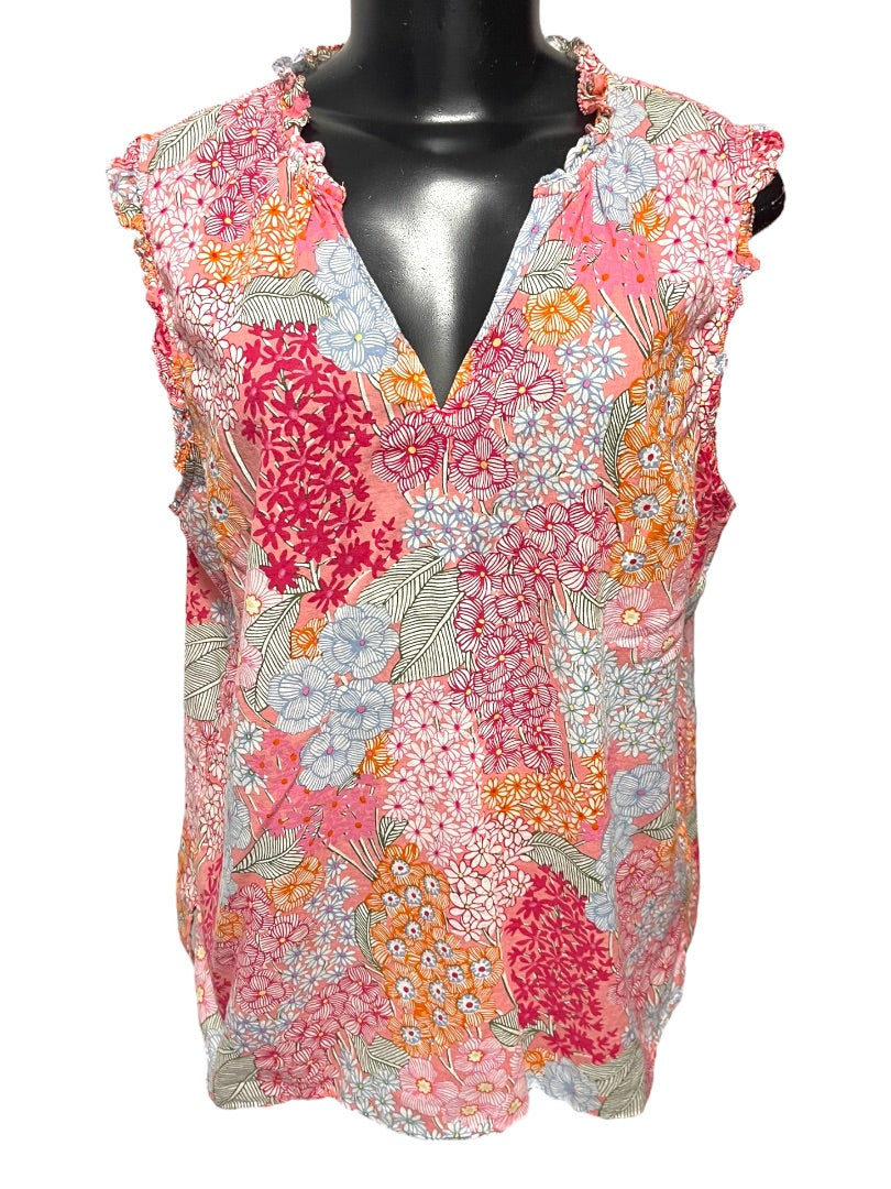 XL Talbots Ruffled Sleeveless Floral Cotton Shirt Pullover
