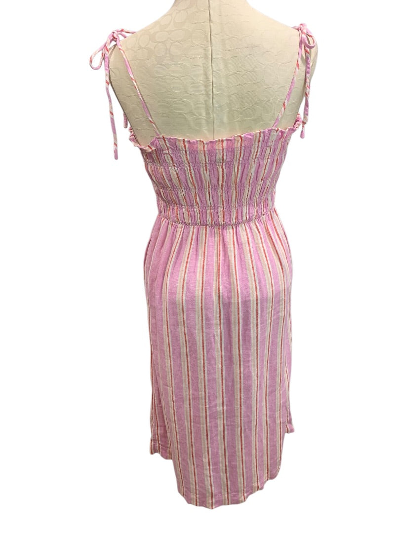 XS Universal Thread Linen Blend Sundress Striped Pockets Tie Straps Midi