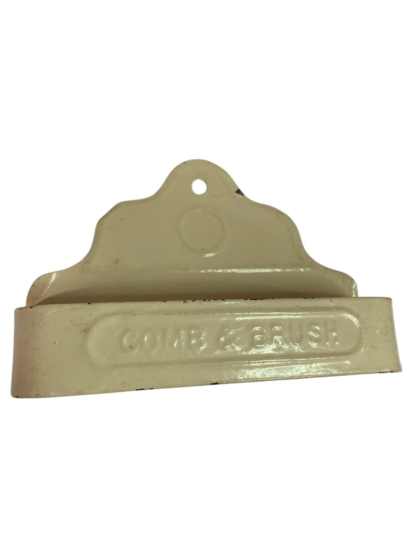 Retro Tin Wall Hanging Comb and Brush Shelf Holder Ivory Distressed