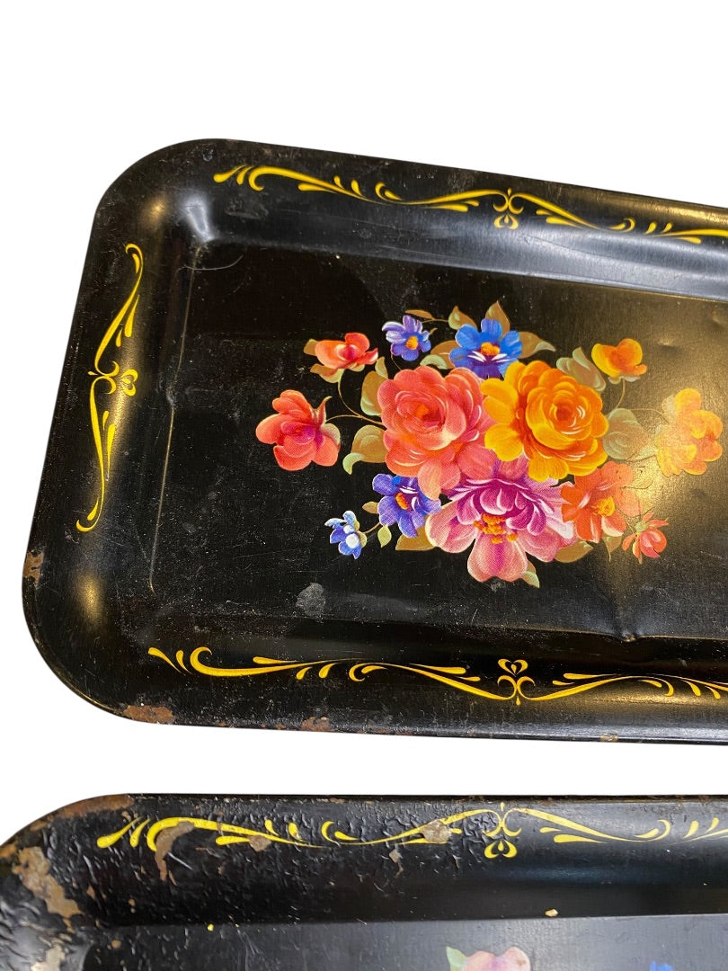 Set of 2 Vintage Toleware Small Metal Bar Trays 6.75" x 4.75" Floral Black
