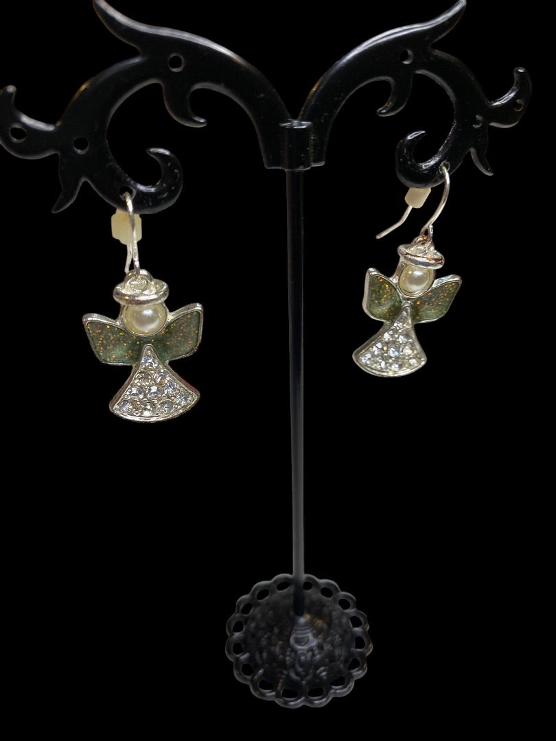 Angel Earrings Fishhook Pierced Silvertone 1.4" Drop Sparkly