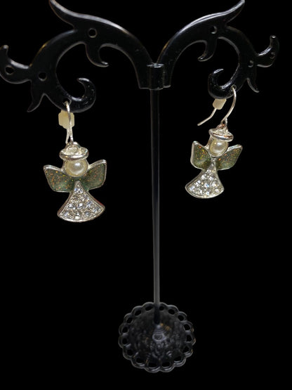 Angel Earrings Fishhook Pierced Silvertone 1.4" Drop Sparkly