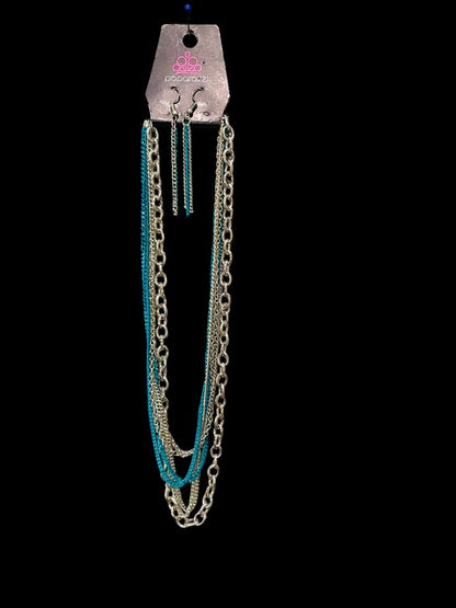 Paparazzi New Silvertone Necklace and Earring Set Turquoise Multistrand 40"