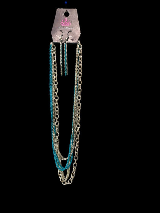Paparazzi New Silvertone Necklace and Earring Set Turquoise Multistrand 40"