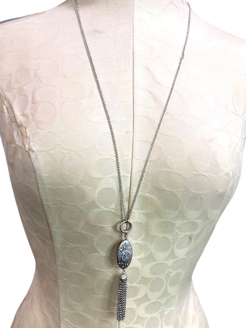 Silvertone Chain Necklace 30" Tassel Pendant Toggle Clasp