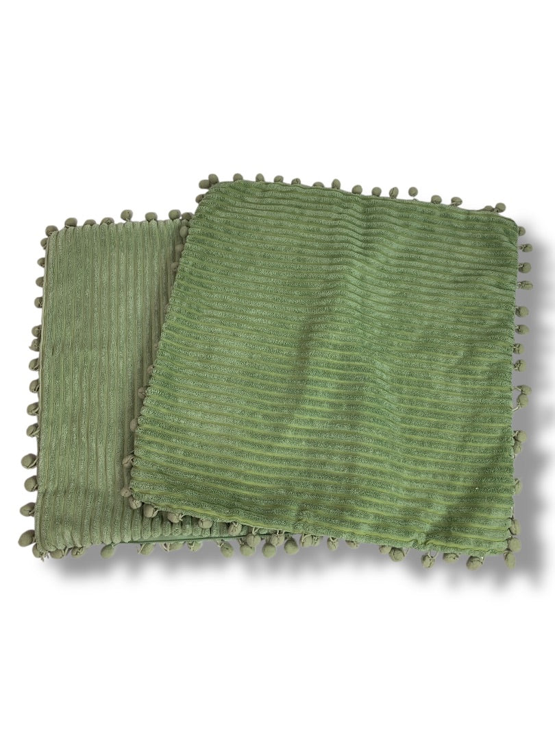Set of 2 Sage Green 16" Pillow Cover Velour Stripe Zip Closure