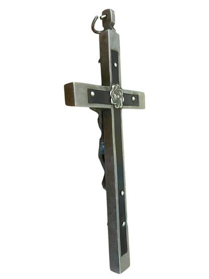 Antique Silvertone Crucifix with Skull and Crossbones Golgotha INRI Cross Convent 5.5"