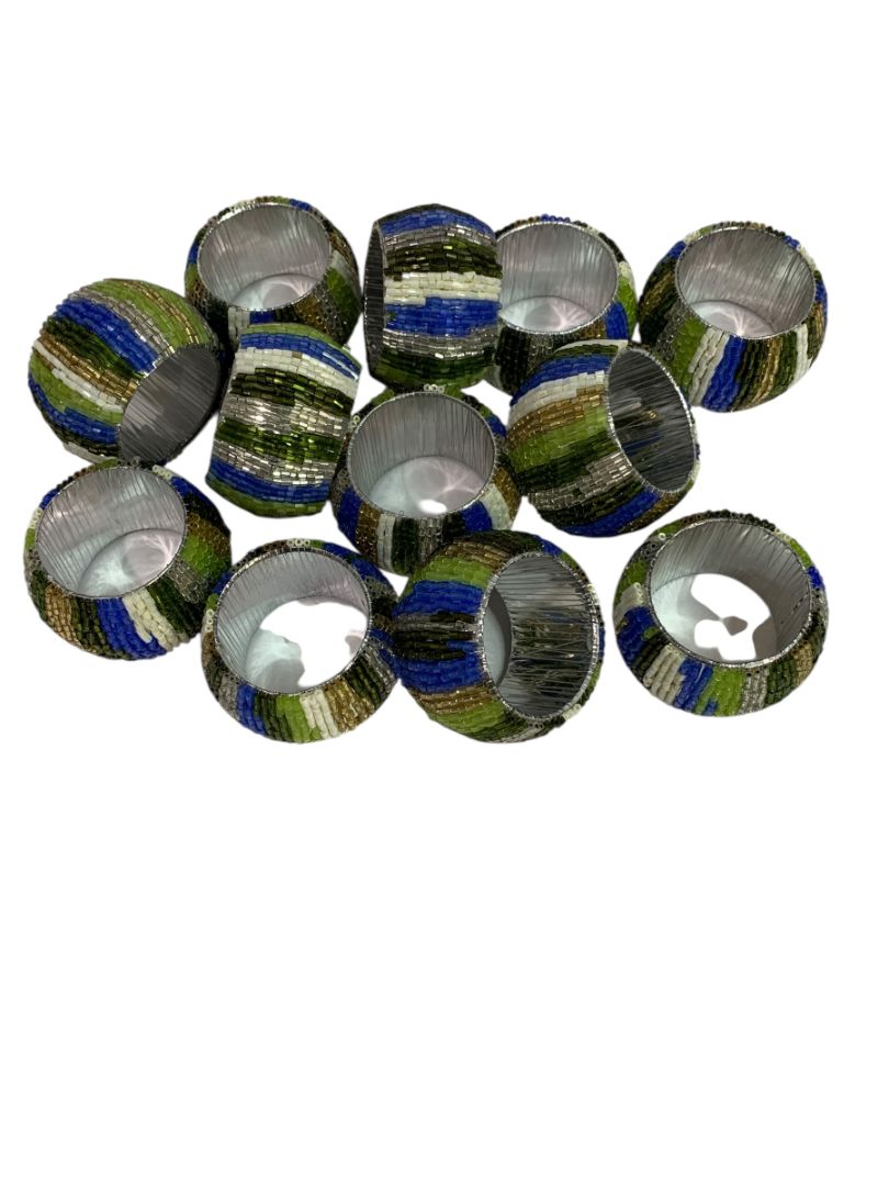 Set of 12 Beaded Napkin Rings Silvertone White Blue Green Stripes