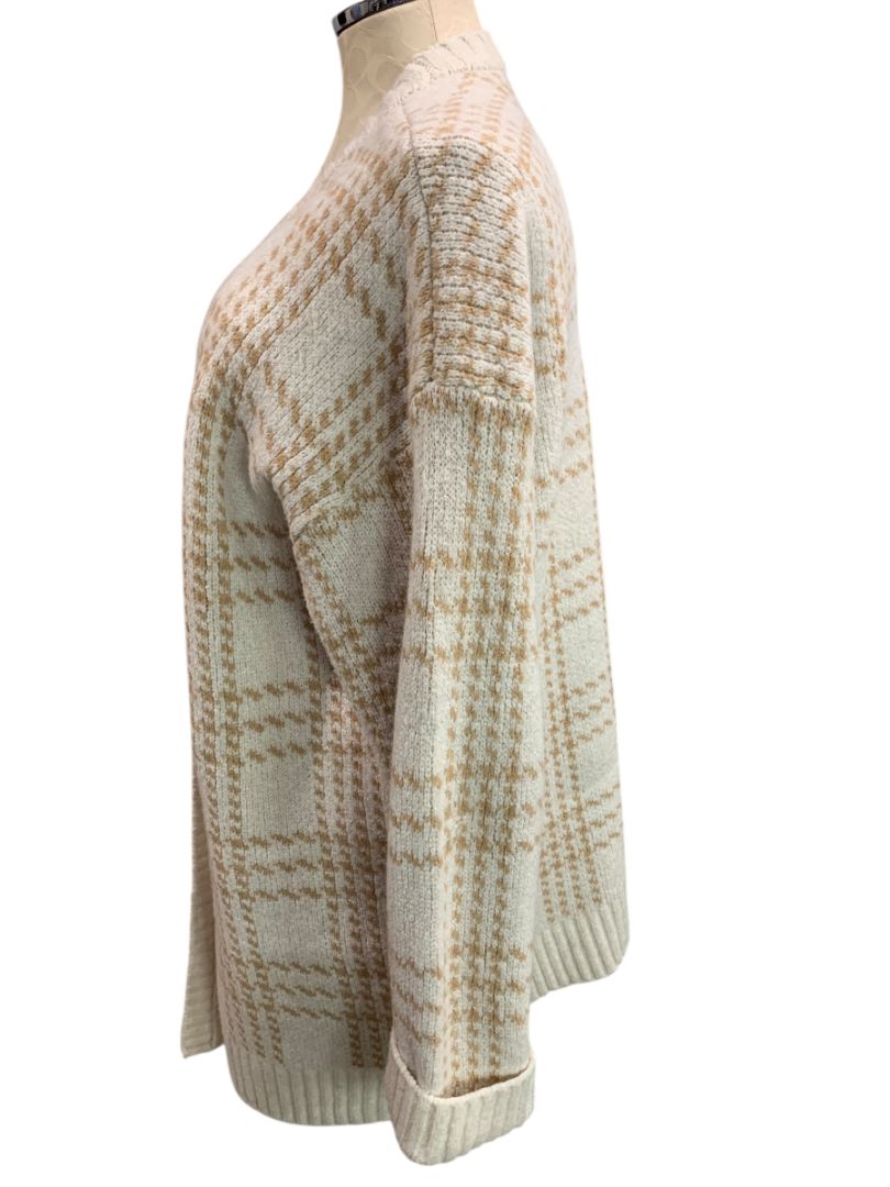 Size 3X Pink Rose Womens Cardigan Sweater Ivory Tan Houndstooth Plaid