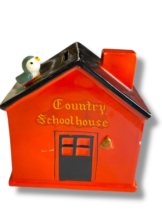 Vintage Lego Japan Ceramic Country Schoolhouse Bank Red Bird on Roof