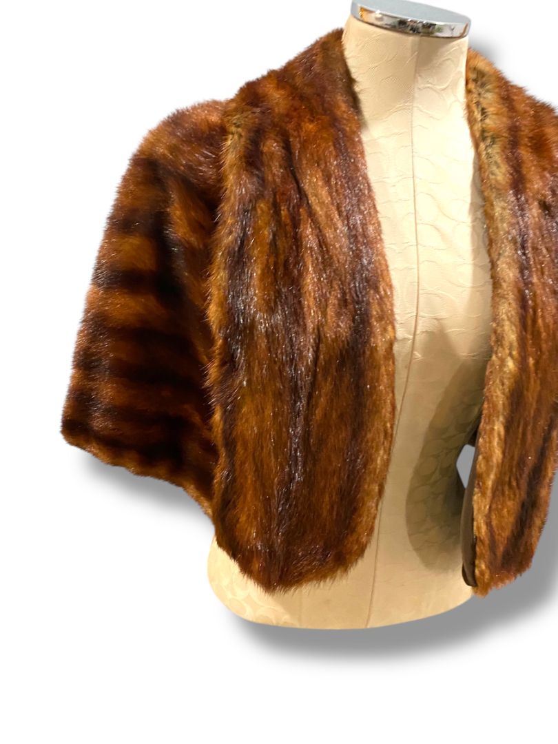 Vintage Brown Mink Fur Cape Shawl Bolero Stole Wrap Let-Out Pelts Striped Midcentury