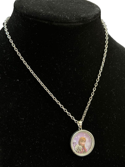 Disney Frozen Anna Pendant Necklace 17" Silvertone Chain 1.5" Diameter