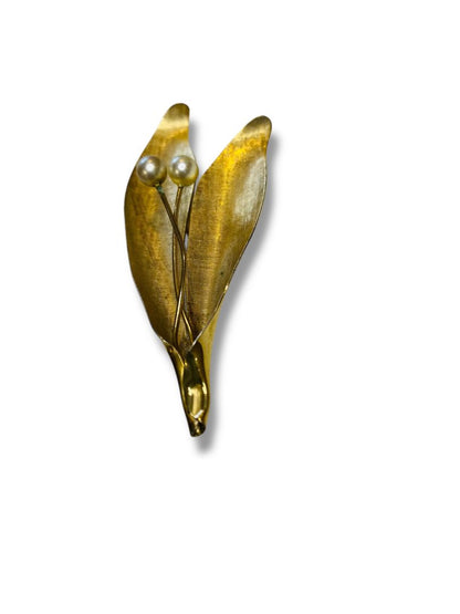 Vintage Signed Emmons Goldtone Faux Pearl Leaf Brooch 2.75"