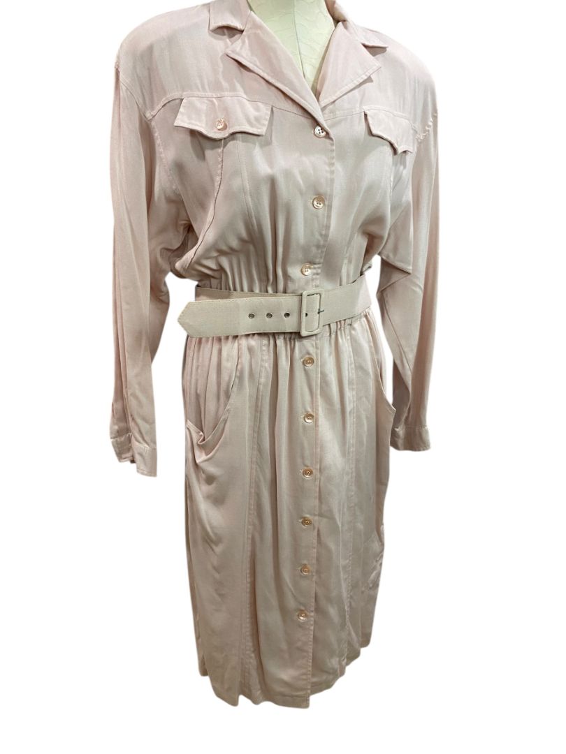 Size 14 Together! Pink Rayon 1980s Dress Belted Button Up