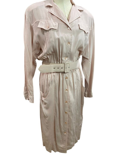 Size 14 Together! Pink Rayon 1980s Dress Belted Button Up