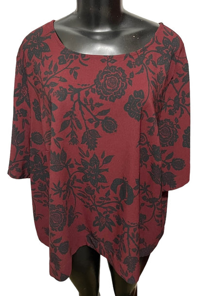 4X Ava & Viv  Women's Burgundy Black Floral Petal Back Blouse 1/2 Sleeve