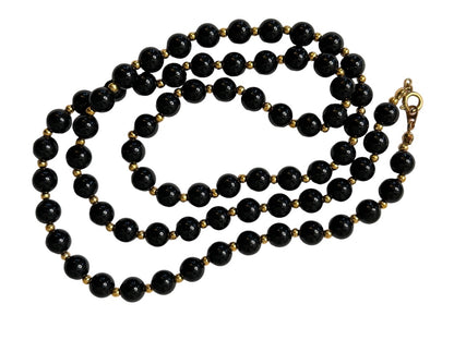 Black Round Beaded 18" Necklace Goldtone Spacers Lobster Clasp Strand String