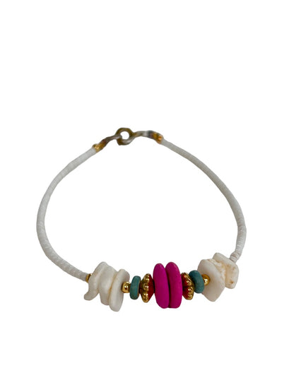 Beaded White 7" Clasp Bracelet Green Pink Goldtone
