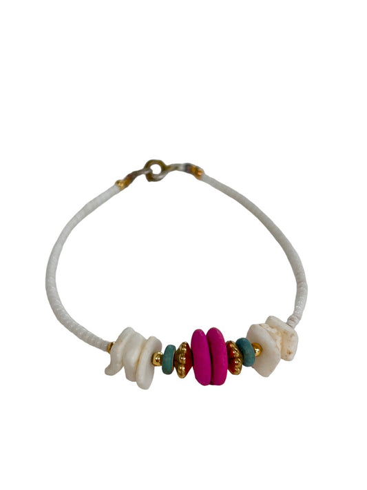 Beaded White 7" Clasp Bracelet Green Pink Goldtone