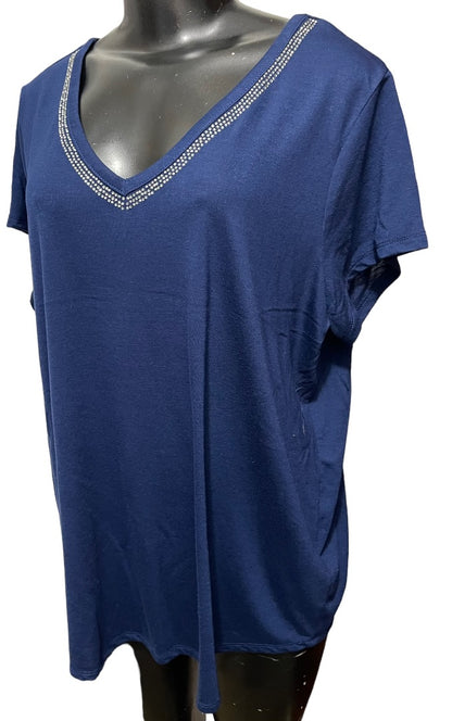 18/20 Avenue Women's V-Neck Crystal Trim Short Sleeve Womens Top Navy Blue