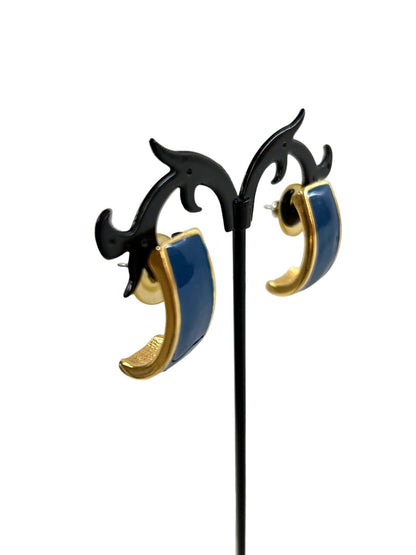 Vintage Post Pierced Demilune Earrings Goldtone Blue Enamel 1980s