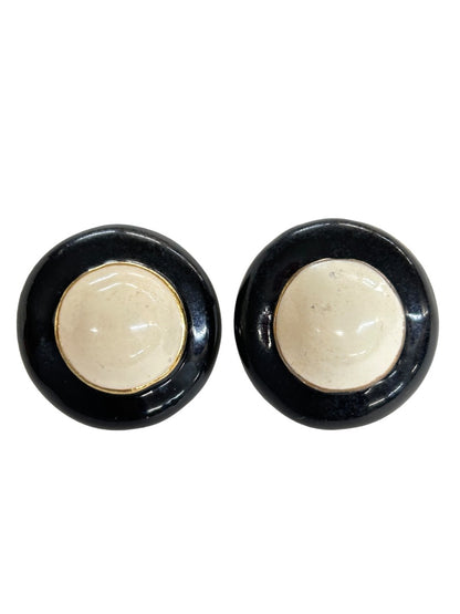 1980s Round Enameled Ivory and Black 1" Diameter Pierced Earrings