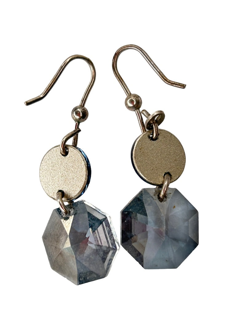 Crystal Blue Gray Beaded Earrings Hook Pierced 1" Drop Dangle