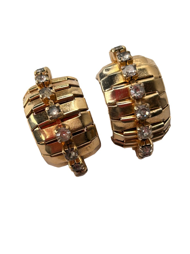 Signed Coro Screwback Non-Pierced Earrings Goldtone Rhinestone Hoop 1 1/8"