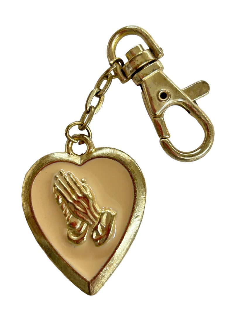 Prayer Hands Key Purse Clip Pendant Heart Goldtone Enameled 1.5"