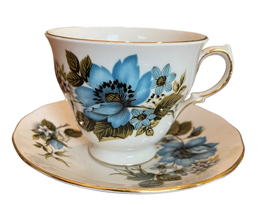 Vintage Queen Anne Bone China Cup Saucer #8522 Blue Floral England