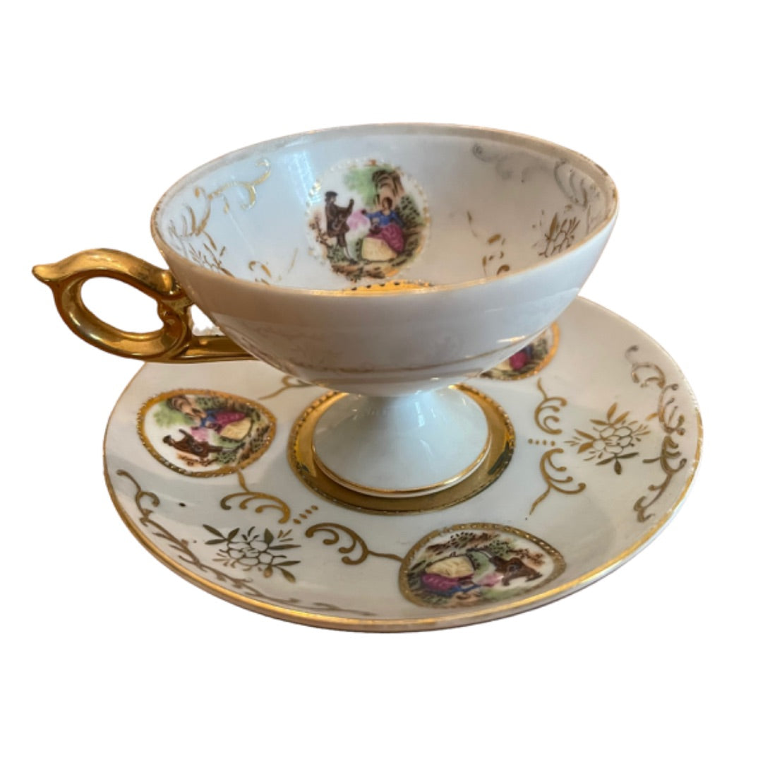 Porcelain with Gold Trim Footed Demitasse Cup and Saucer Set Maruei Courting Couple