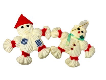 Set of 2 Midcentury Flocked Scarecrow Snowman Ornaments 4.5" Cute