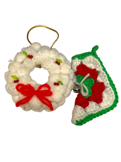 Set of 2 Vintage 1980s Handmade Christmas Holiday Ornaments Stocking Crochet Pom Pom Wreath