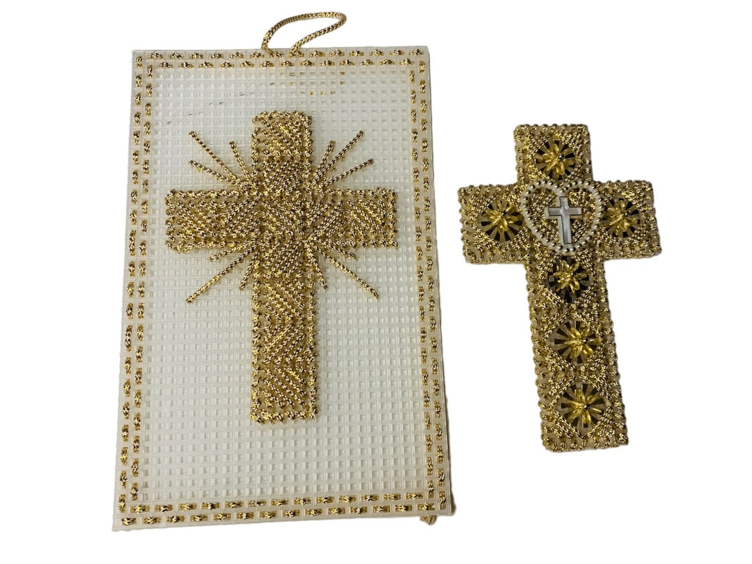 Handmade Vintage 1980s Plastic Cross Stitch Magnet and Wall Hanging White Gold Religous