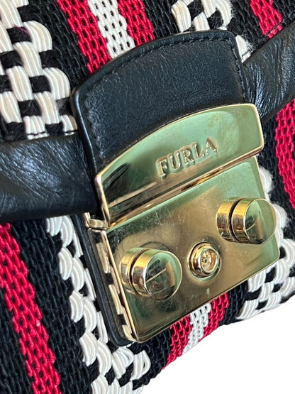 Furla Metropolis Black Red White Woven Manmade Material Leather Trim Goldtone Hardware