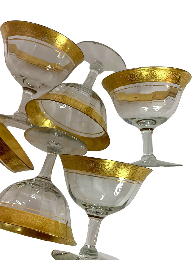 Vintage Gold Rim Floral Crystal Set of 6 Low Sherbet Glasses 3.75" h Stemmed