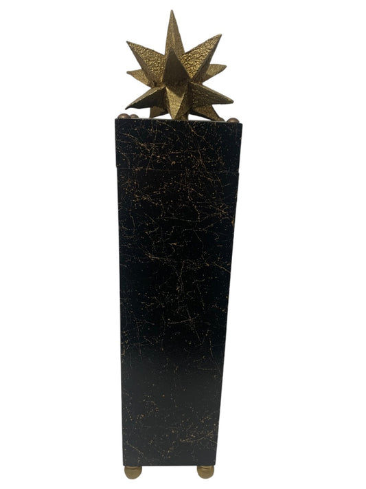 R.Stad Designs Black Gold Hinged Handmade Wood Box Star Topper 18"h x 4" Square