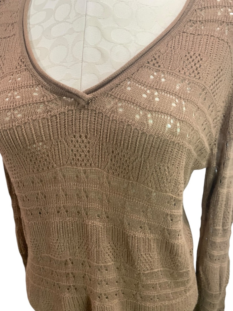 Large Joseph A. Womens Brown V-Neck Lightweight Knit Rayon Sweater Open Weave