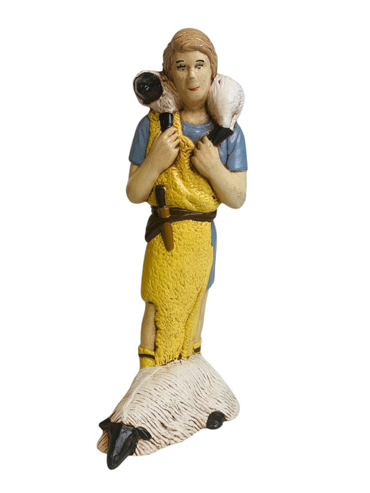 Handpainted Ceramic 1980s Nativity Figurine Shepherd Carrying Sheep 8"h